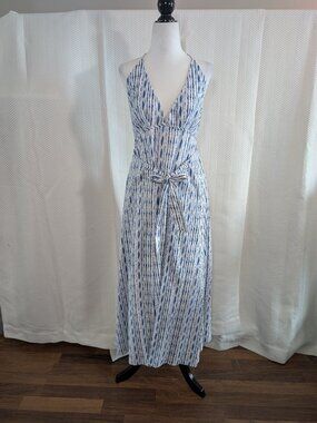 Amiani Halter Dress Cover Up Blue & White Tie Dye Striped Low Back Resort Beachy